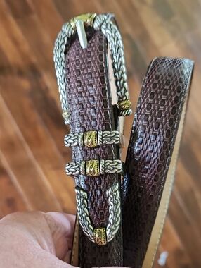 Brighton ML 32 Embossed 2-tone Silver Brass Leather Belt Brown